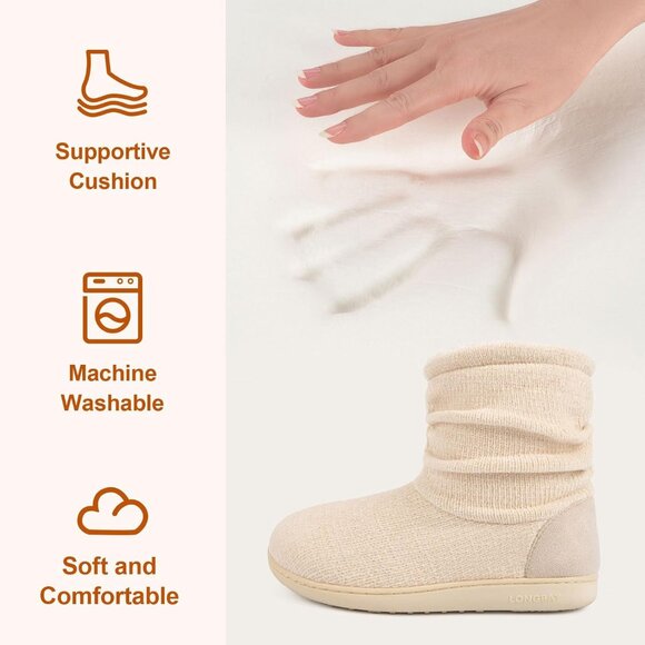 Women's Cream Cozy Winter Warm Knit Memory Foam Non Slip Slipper Bootie Shoes - Picture 4 of 6